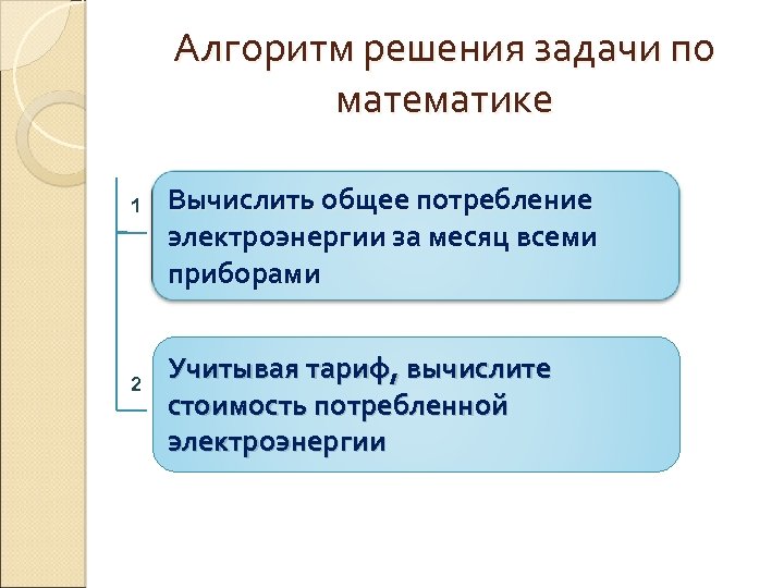 Алгоритм решения задачи по математике 1 2 Вычислить общее потребление электроэнергии за месяц всеми