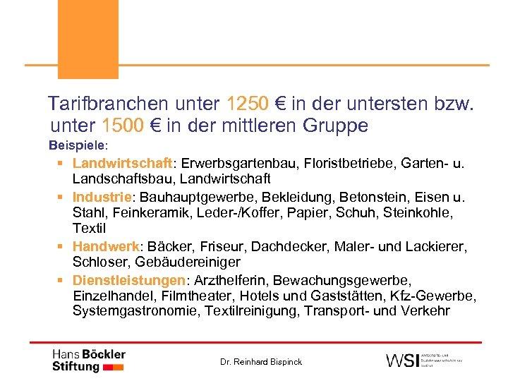  Tarifbranchen unter 1250 € in der untersten bzw. unter 1500 € in der