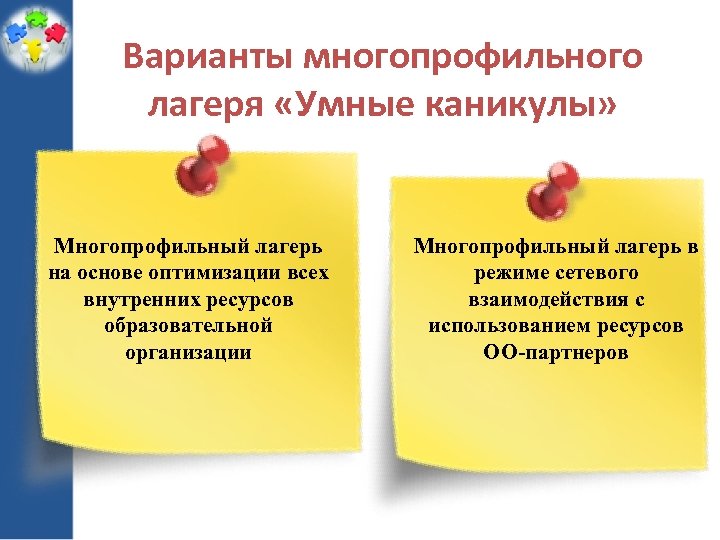 Варианты многопрофильного лагеря «Умные каникулы» Многопрофильный лагерь на основе оптимизации всех внутренних ресурсов образовательной