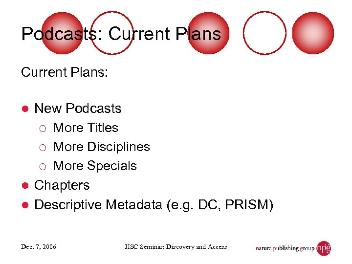 Podcasts: Current Plans: New Podcasts ¡ More Titles ¡ More Disciplines ¡ More Specials