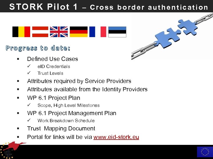 STORK Pilot 1 – Cross border authentication Progress to date: § Defined Use Cases