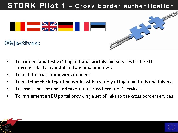 STORK Pilot 1 – Cross border authentication Objectives: § § § To connect and