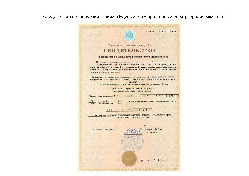 Свидетельства о внесении записи в Единый государственный реестр юридических лиц: 