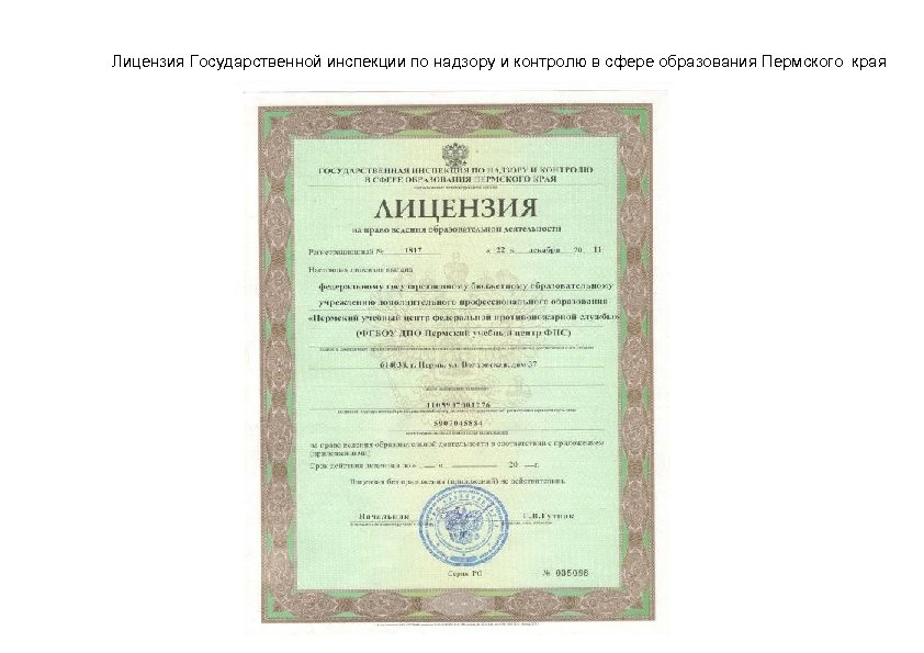 Лицензия Государственной инспекции по надзору и контролю в сфере образования Пермского края 