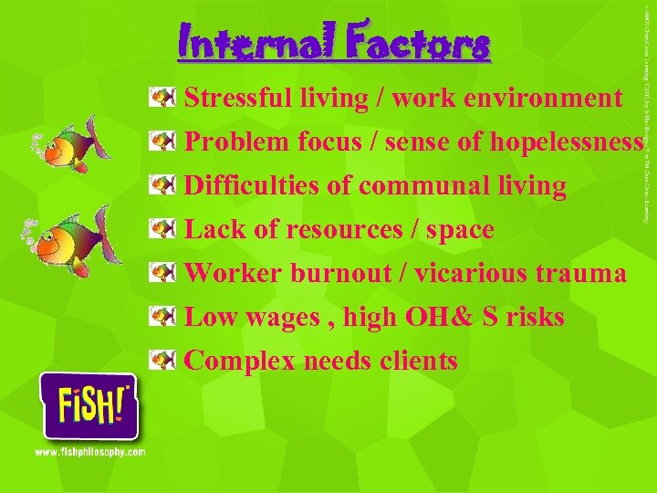 Internal Factors Stressful living / work environment Problem focus / sense of hopelessness Difficulties
