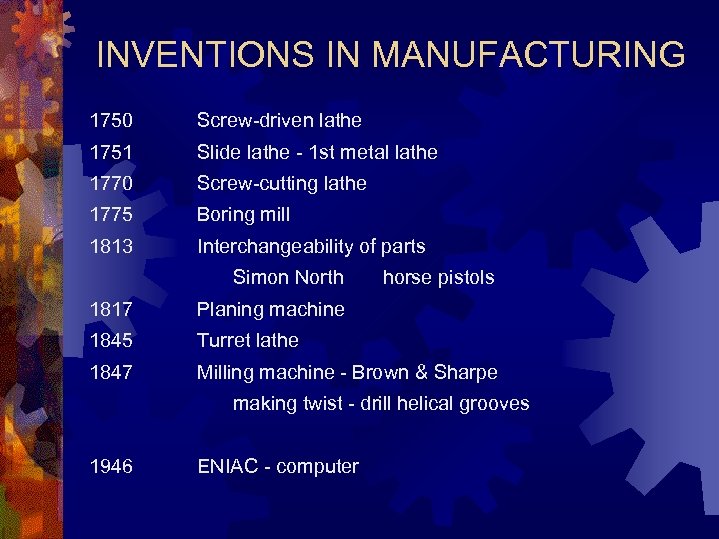 INVENTIONS IN MANUFACTURING 1750 Screw-driven lathe 1751 Slide lathe - 1 st metal lathe