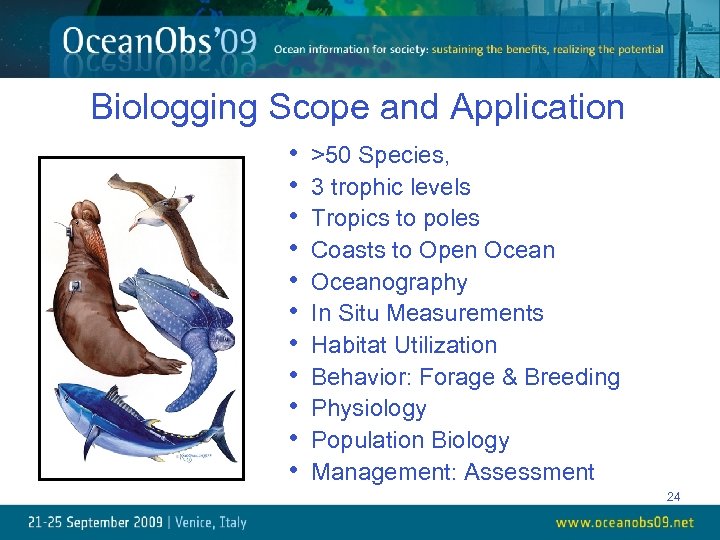 Biologging Scope and Application • • • >50 Species, 3 trophic levels Tropics to