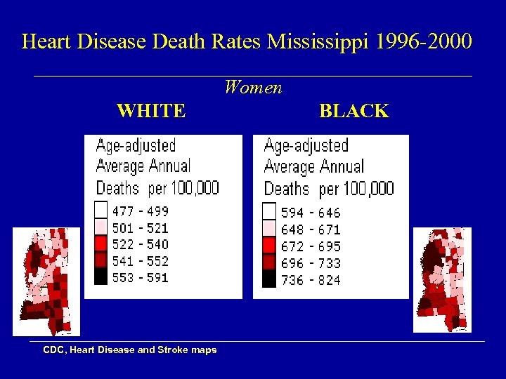 Heart Disease Death Rates Mississippi 1996 -2000 Women WHITE CDC, Heart Disease and Stroke