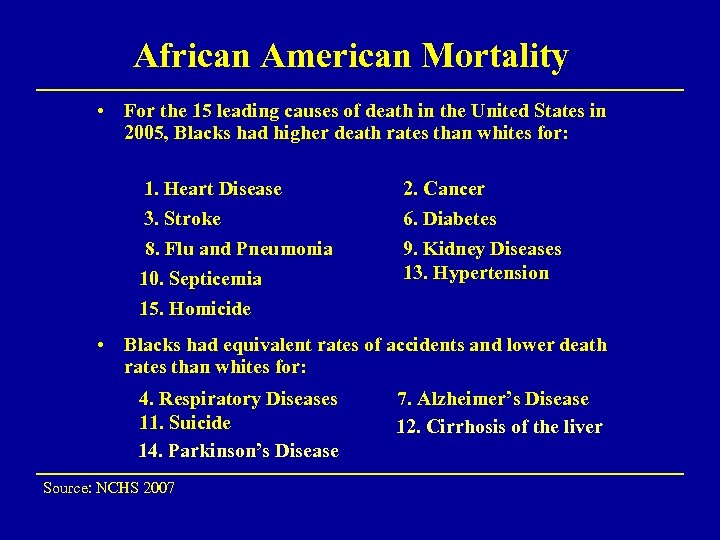 African American Mortality • For the 15 leading causes of death in the United