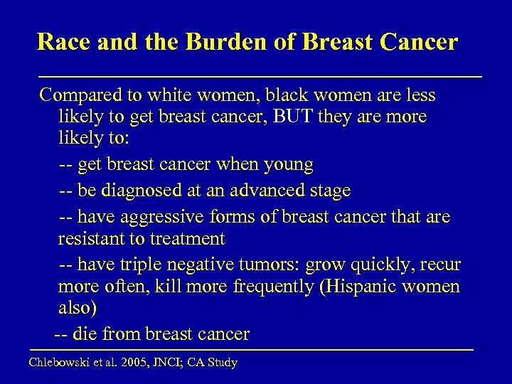 Race and the Burden of Breast Cancer Compared to white women, black women are