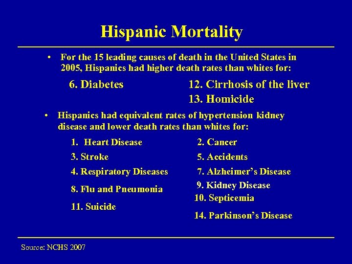 Hispanic Mortality • For the 15 leading causes of death in the United States