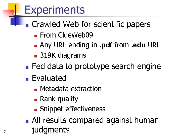 Experiments n Crawled Web for scientific papers n n n Fed data to prototype