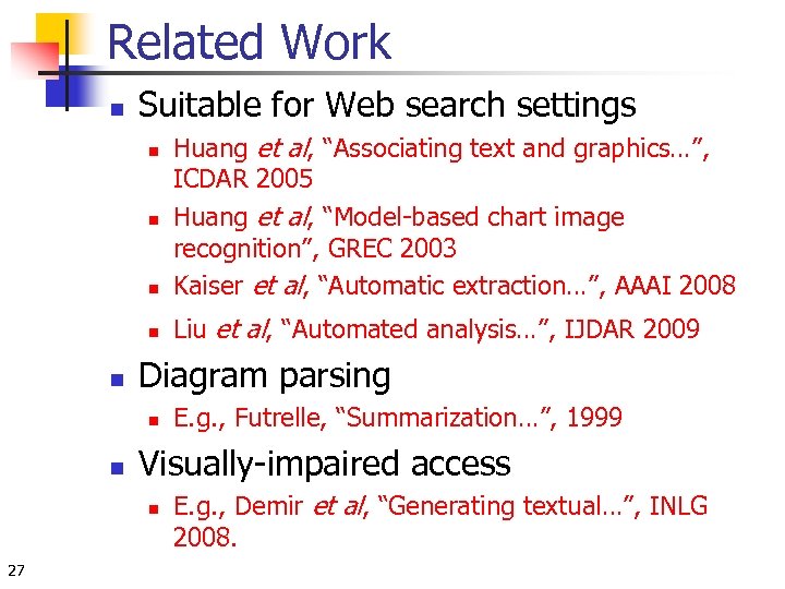 Related Work n Suitable for Web search settings n Huang et al, “Associating text