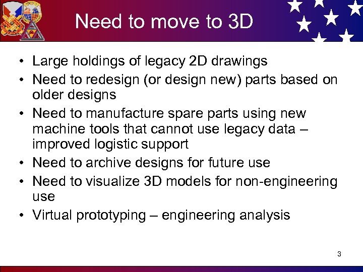 Need to move to 3 D • Large holdings of legacy 2 D drawings