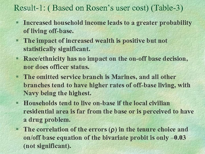 Result-1: ( Based on Rosen’s user cost) (Table-3) § Increased household income leads to