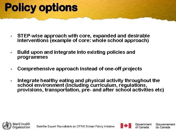 Policy options • • STEP-wise approach with core, expanded and desirable interventions (example of