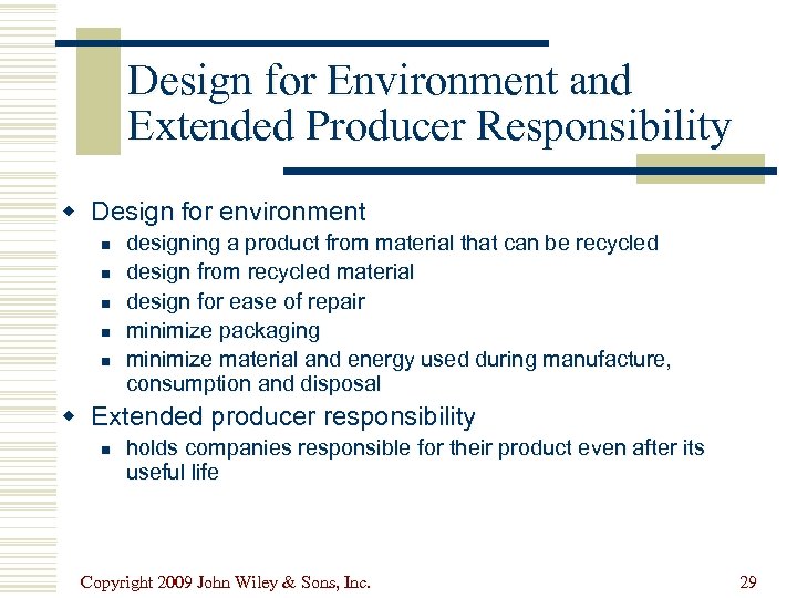 Design for Environment and Extended Producer Responsibility w Design for environment n n n