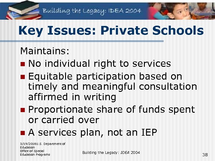 Key Issues: Private Schools Maintains: n No individual right to services n Equitable participation