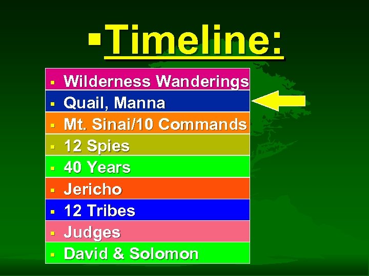 §Timeline: § § § § § Wilderness Wanderings Quail, Manna Mt. Sinai/10 Commands 12