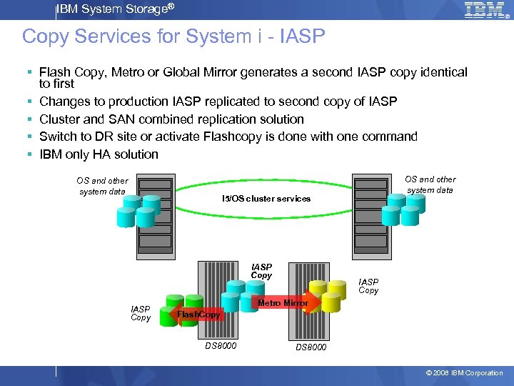 IBM System Storage® Copy Services for System i - IASP § Flash Copy, Metro