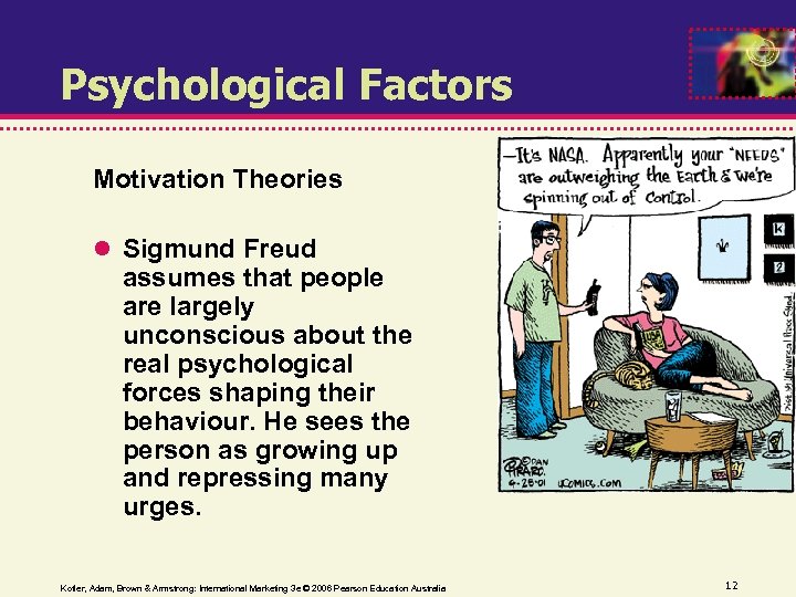 Psychological Factors Motivation Theories Sigmund Freud assumes that people are largely unconscious about the