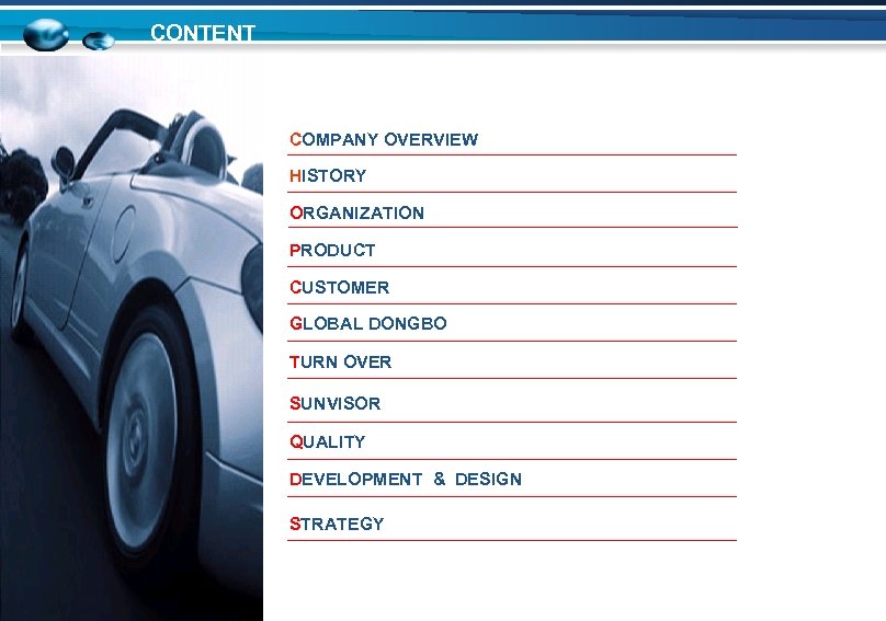 CONTENT COMPANY OVERVIEW HISTORY ORGANIZATION PRODUCT CUSTOMER GLOBAL DONGBO TURN OVER SUNVISOR QUALITY DEVELOPMENT