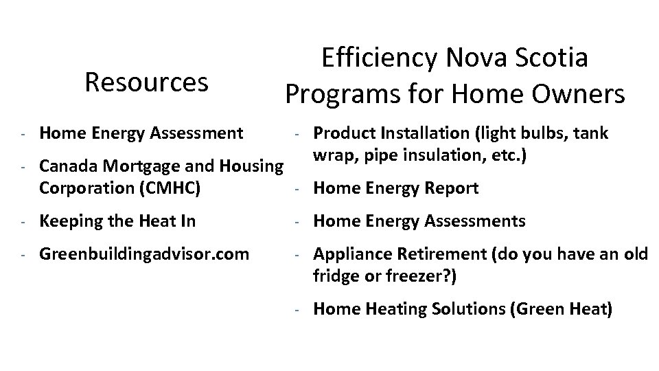 Resources Efficiency Nova Scotia Programs for Home Owners Product Installation (light bulbs, tank wrap,