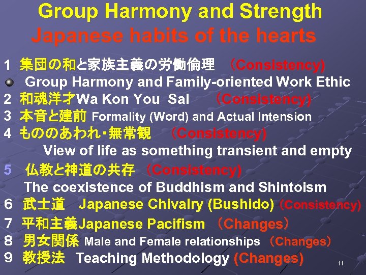 Group Harmony and Strength Japanese habits of the hearts　 1 集団の和と家族主義の労働倫理 　（Consistency) Group Harmony