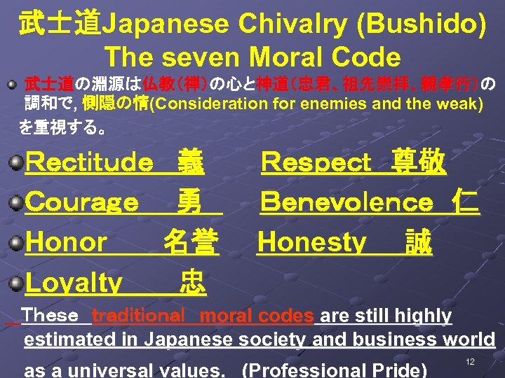 武士道Japanese Chivalry (Bushido) The seven Moral Code 武士道の淵源は仏教（禅）の心と神道（忠君、祖先崇拝、親孝行）の 調和で, 惻隠の情(Consideration for enemies and the