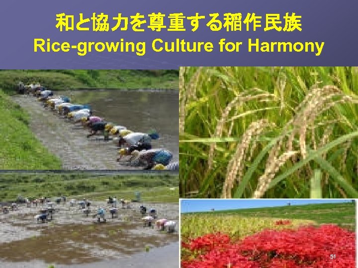 和と協力を尊重する稲作民族　 Rice-growing Culture for Harmony　 51 