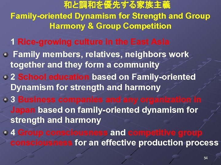 和と調和を優先する家族主義 Family-oriented Dynamism for Strength and Group Harmony & Group Competition 1 Rice-growing culture