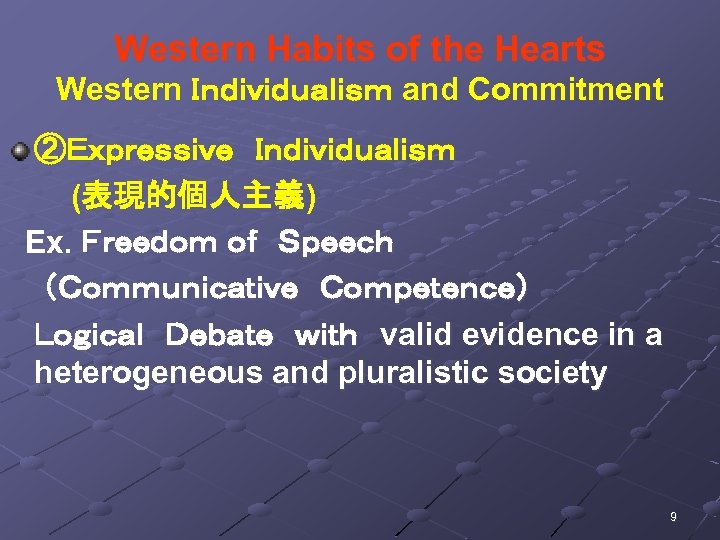 Western Habits of the Hearts Western Ｉｎｄｉｖｉｄｕａｌｉｓｍ and Commitment ②Ｅｘｐｒｅｓｓｉｖｅ　Ｉｎｄｉｖｉｄｕａｌｉｓｍ 　　　(表現的個人主義) Ex. Ｆｒｅｅｄｏｍ ｏｆ　Ｓｐｅｅｃｈ