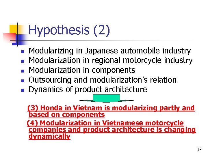 Hypothesis (2) n n n Modularizing in Japanese automobile industry Modularization in regional motorcycle