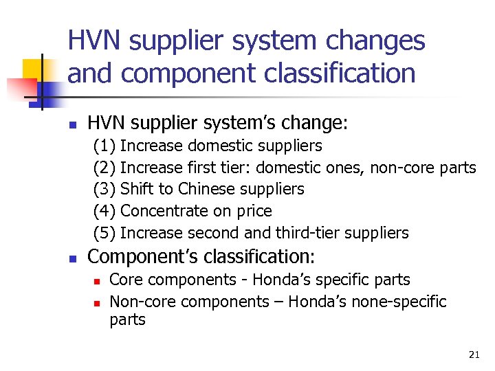 HVN supplier system changes and component classification n HVN supplier system’s change: (1) (2)