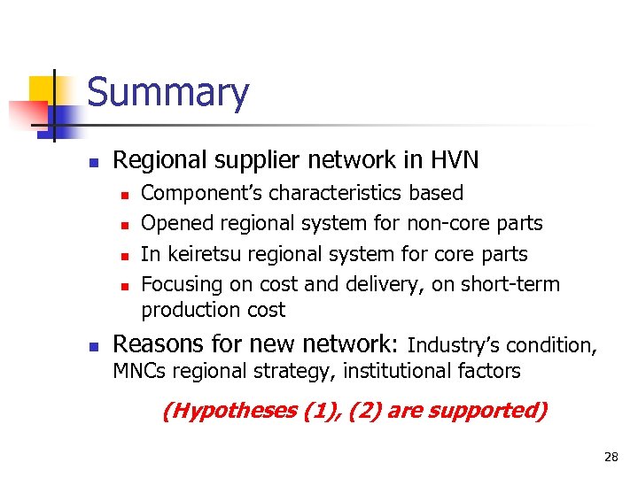 Summary n Regional supplier network in HVN n n n Component’s characteristics based Opened