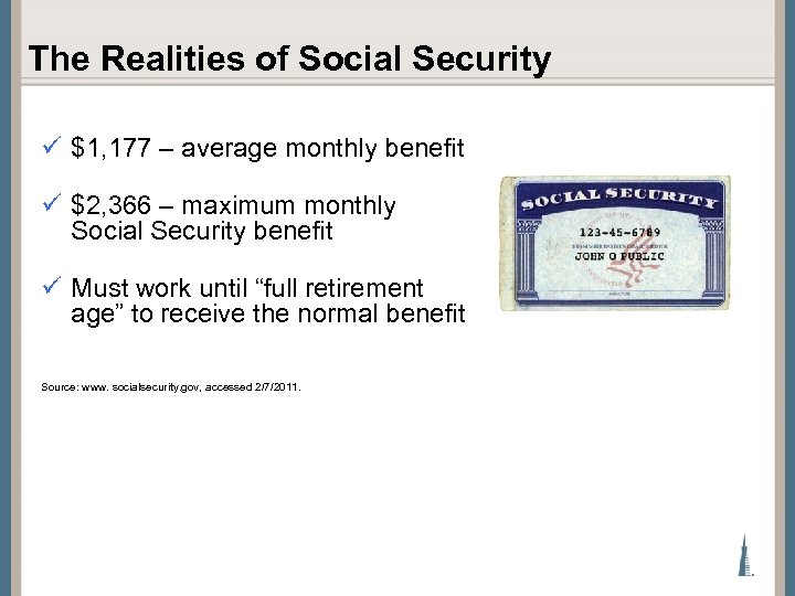 The Realities of Social Security ü $1, 177 – average monthly benefit ü $2,