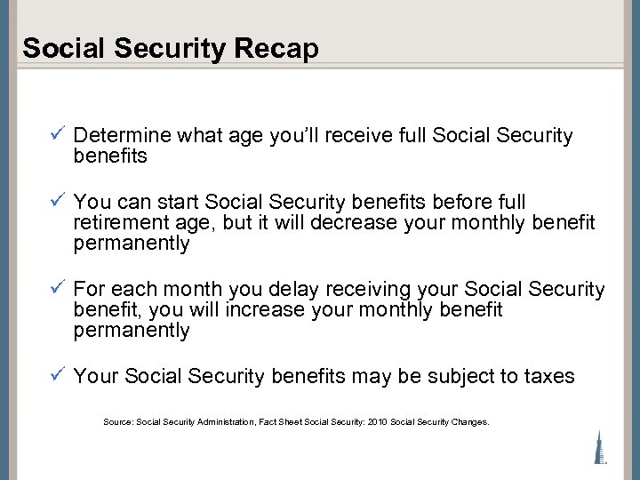 Social Security Recap ü Determine what age you’ll receive full Social Security benefits ü