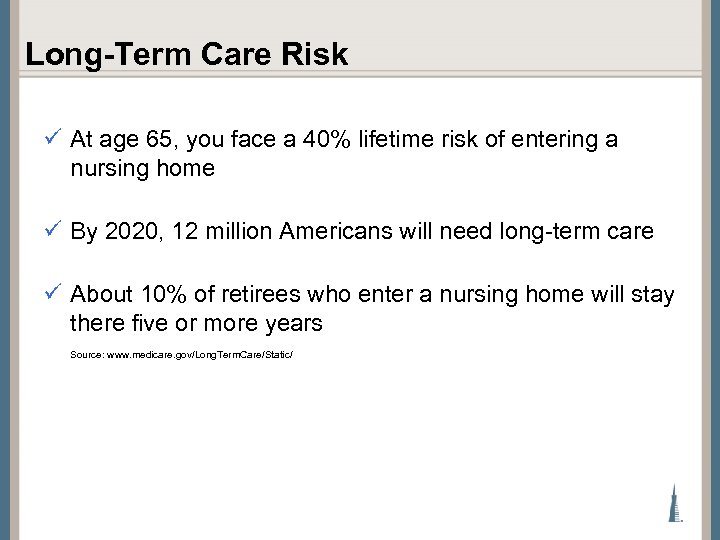 Long-Term Care Risk ü At age 65, you face a 40% lifetime risk of
