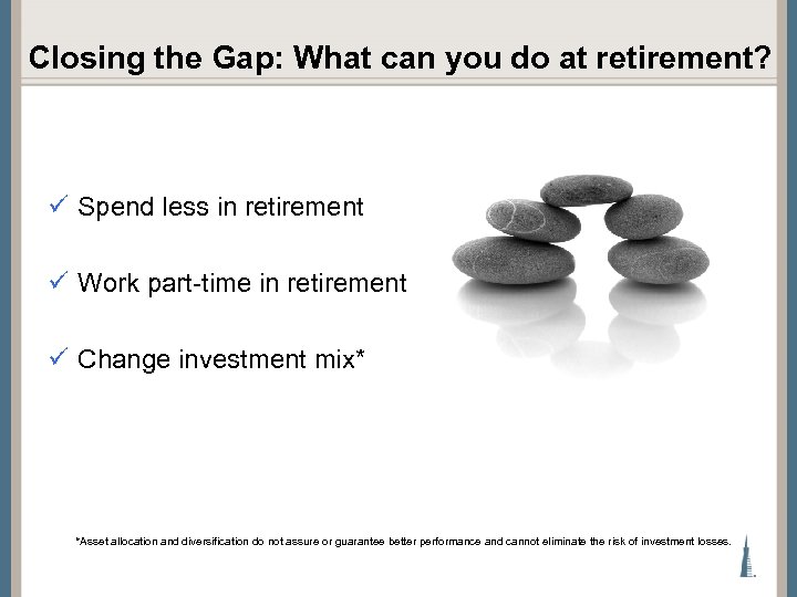 Closing the Gap: What can you do at retirement? ü Spend less in retirement