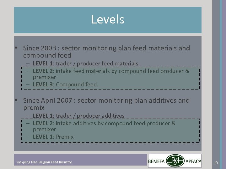 Levels • Since 2003 : sector monitoring plan feed materials and compound feed –