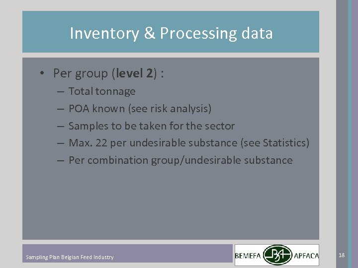 Inventory & Processing data • Per group (level 2) : – – – Total