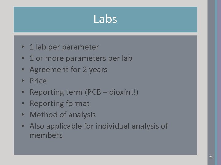 Labs • • 1 lab per parameter 1 or more parameters per lab Agreement