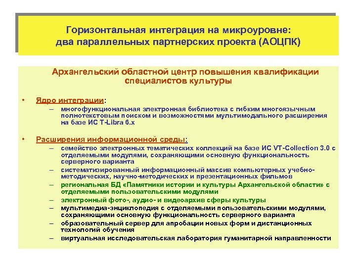 Горизонтальная интеграция на микроуровне: два параллельных партнерских проекта (АОЦПК) Архангельский областной центр повышения квалификации