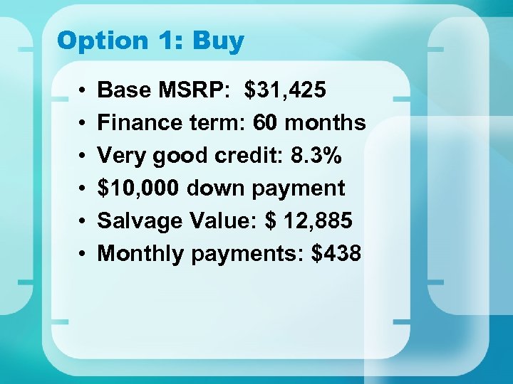 Option 1: Buy • • • Base MSRP: $31, 425 Finance term: 60 months