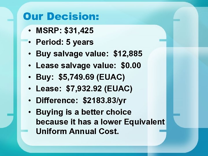 Our Decision: • • MSRP: $31, 425 Period: 5 years Buy salvage value: $12,