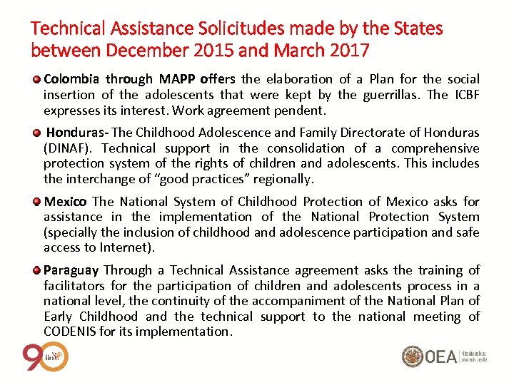 Technical Assistance Solicitudes made by the States between December 2015 and March 2017 Colombia