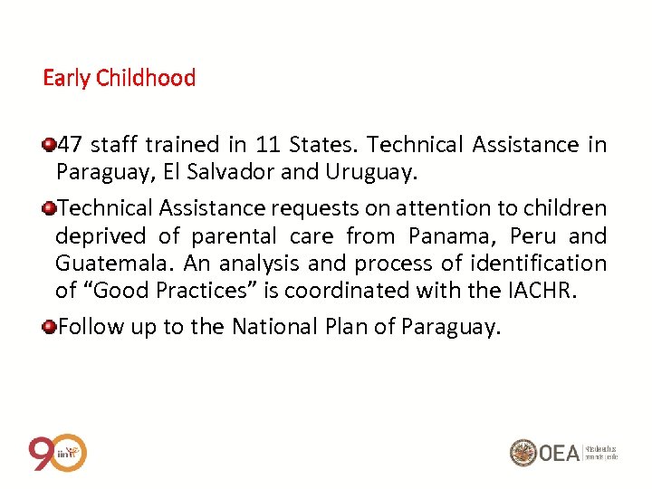 Early Childhood 47 staff trained in 11 States. Technical Assistance in Paraguay, El Salvador