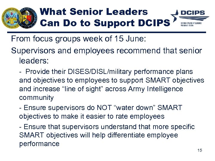 What Senior Leaders Can Do to Support DCIPS From focus groups week of 15