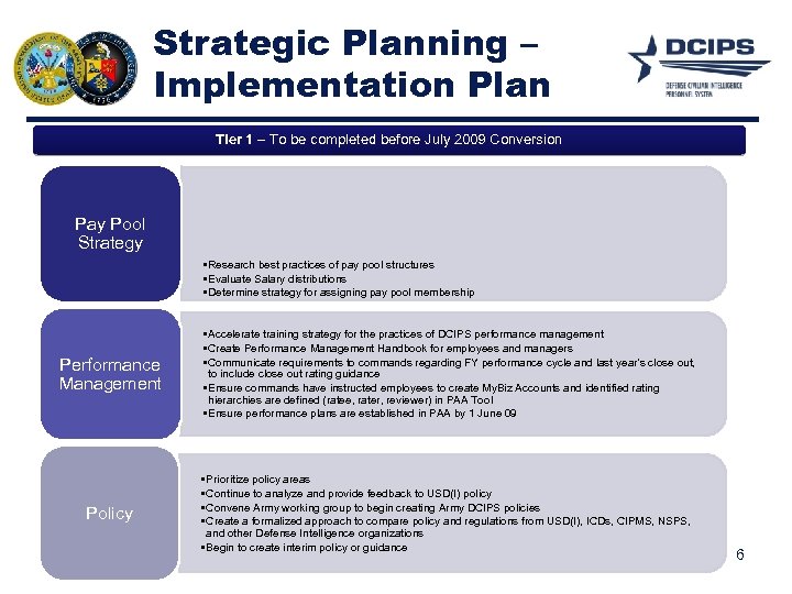 Strategic Planning – Implementation Plan Tier 1 – To be completed before July 2009