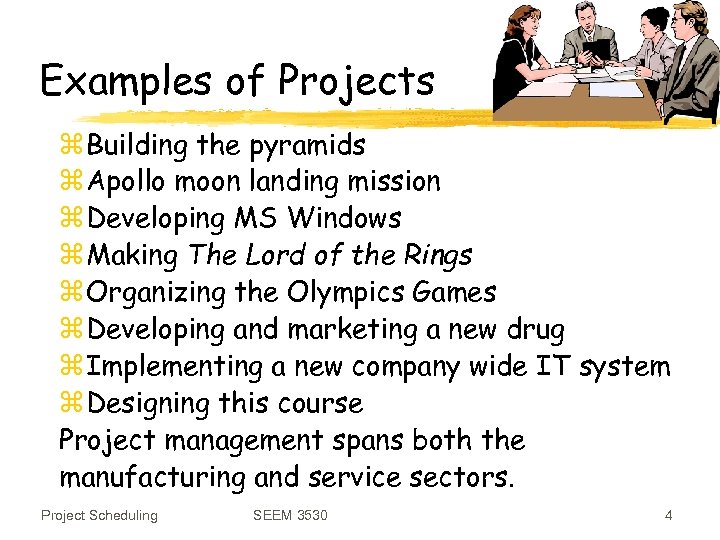 Examples of Projects z Building the pyramids z Apollo moon landing mission z Developing